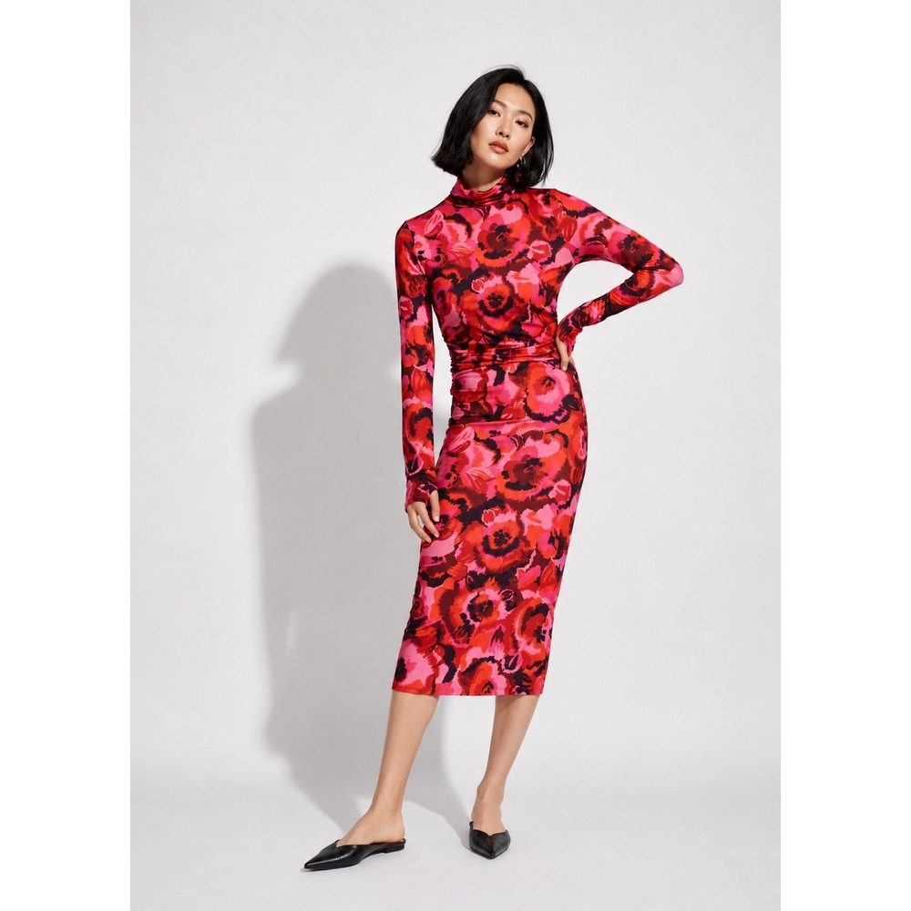 Essentiel Antwerp Pink Floral Ruched Turtleneck Midi Dress Made in Italy Size 2